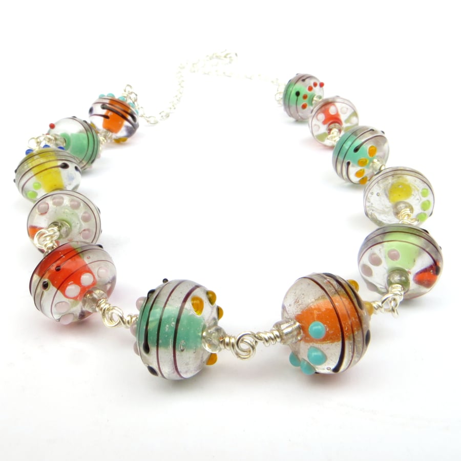 Necklace with Rainbow Swirl and Spot Beads, Bright Multicoloured Necklace