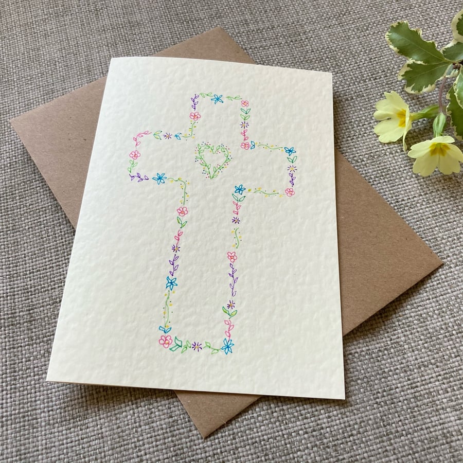 Hand-drawn floral cross card, blank inside, baptism, christening, Easter