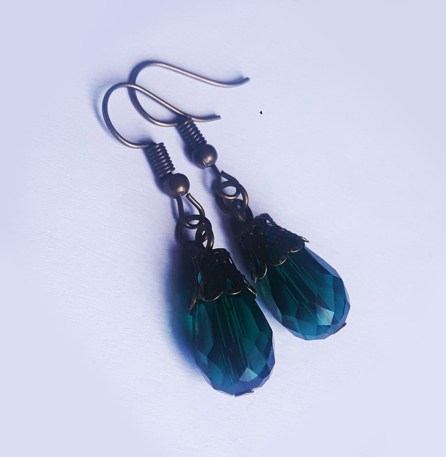 Bronze Teal Green Gothic Crystal Teardrop Earrings