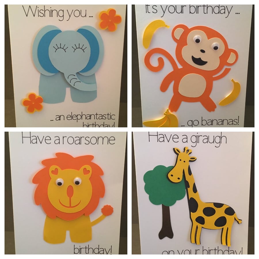 Set of 4 Jungle Birthday Cards for Kids - Elephant, Monkey, Giraffe, Lion