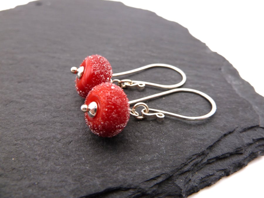 sterling silver earrings, red lampwork glass jewellery