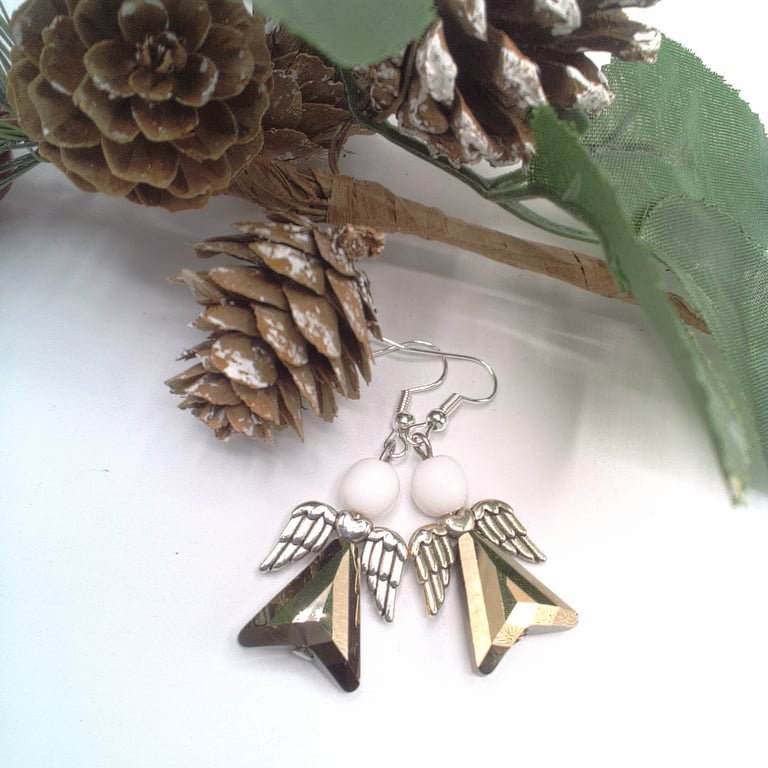 Silvery Grey Crystal & White Glass Bead Christmas Angel Earrings, Secret Santa 