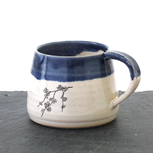 Blue and white ceramic flower blossom mug - handmade illustrated pottery