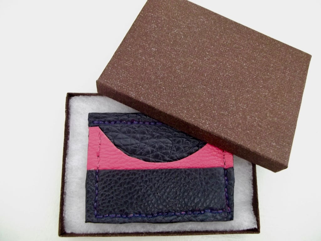 Leather Cardholder Handstitched Navy and Hot Pink three slot