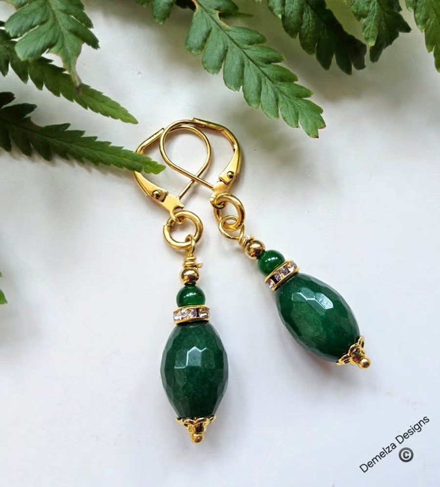 Green Agate Huggie Gold Plate Earrings