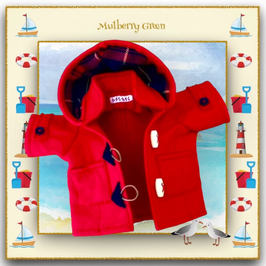 Bright Red Duffle Coat with a Tartan Lined Hood