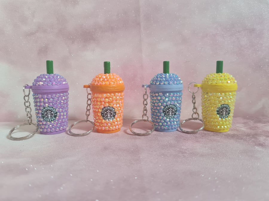 Mini Bling Coffee Cup Tumbler Starbucks Rhinestone Keyring Keychain Bagcharm