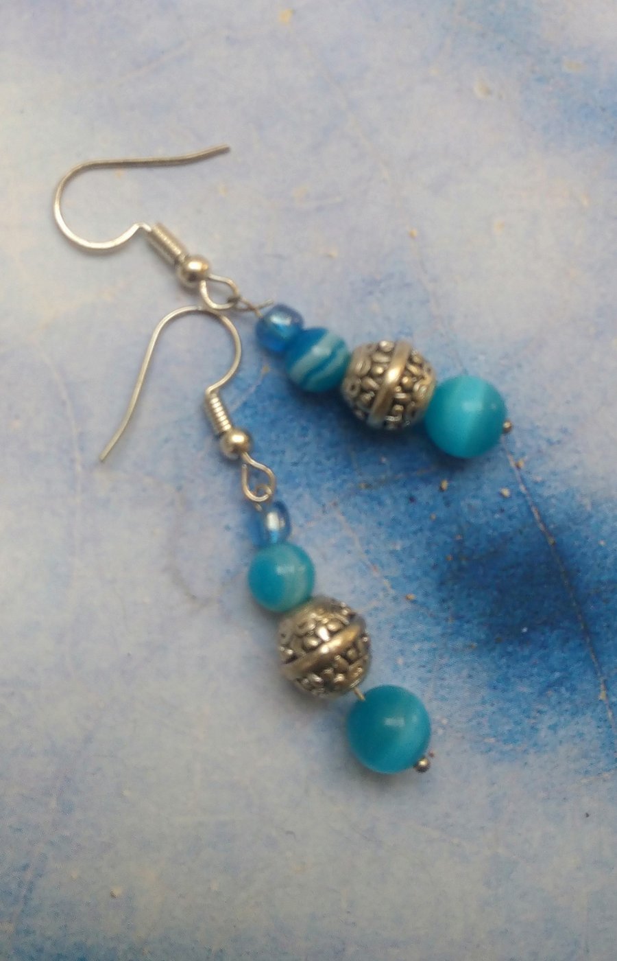 Blue Gass & Tibetan Silver Beaded Earrings