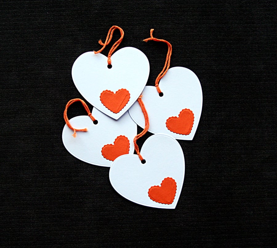 Orange Heart Tags - set of 4 - Handcrafted gift tags - dr17-0067