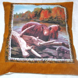 Bears fishing in a fast flowing river cushion