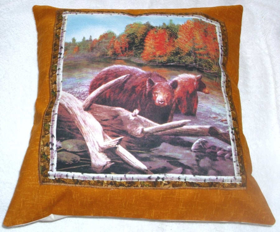 Bears fishing in a fast flowing river cushion