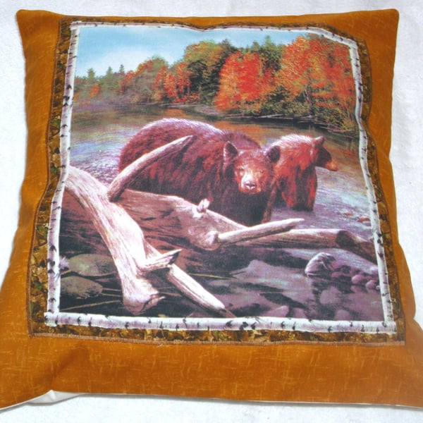 Bears fishing in a fast flowing river cushion