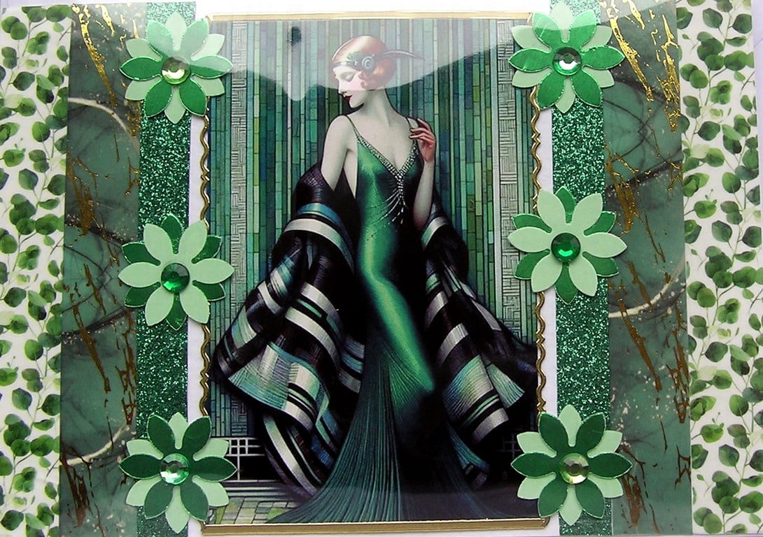 Art Deco Style Lady - Hand Crafted Decoupage Greeting Card - Blank 3283
