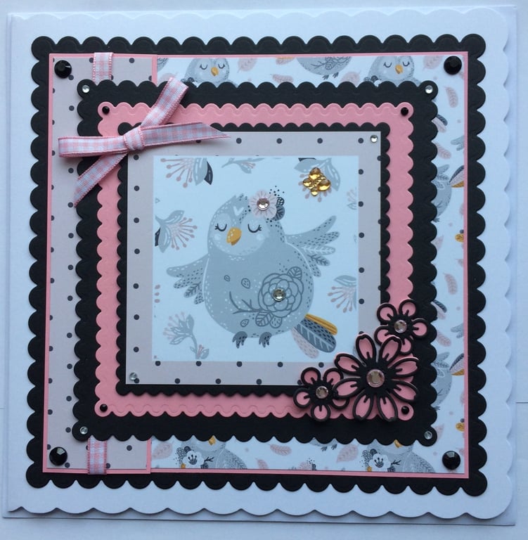 Pretty Vintage Bird Card Flying Around Pink Flowers 3D Luxury Handmade Card 