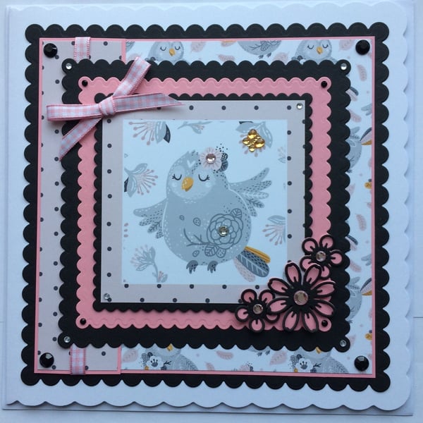 Pretty Vintage Bird Card Flying Around Pink Flowers 3D Luxury Handmade Card 