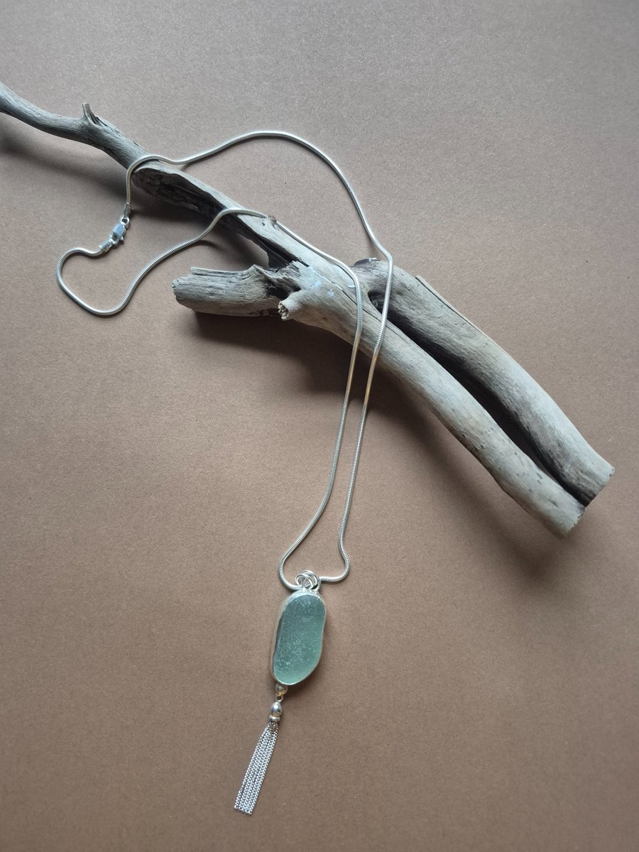 Beautiful Unique Foam Color Seaham Seaglass Pendant Necklace  Sterling Silver 
