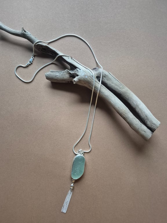 Beautiful Unique Foam Color Seaham Seaglass Pendant Necklace  Sterling Silver 