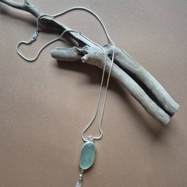 Beautiful Unique Foam Color Seaham Seaglass Pendant Necklace  Sterling Silver 