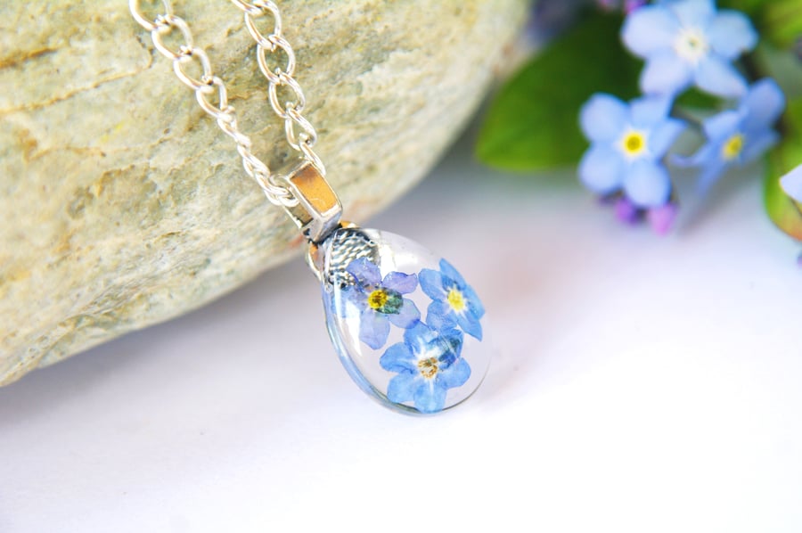Pressed forget me not flower terrarium necklace, romantic true love gift for her