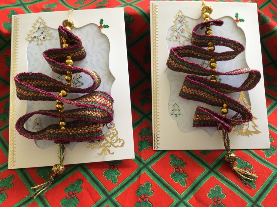 Set of two handwoven Christmas decorations and traditional Christmas Cards