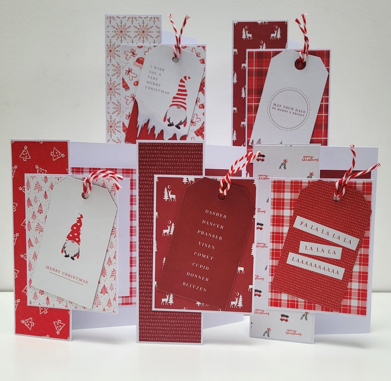 Variety set of 5 red and white Christmas cards with matching gift box