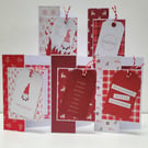 Variety set of 5 red and white Christmas cards with matching gift box