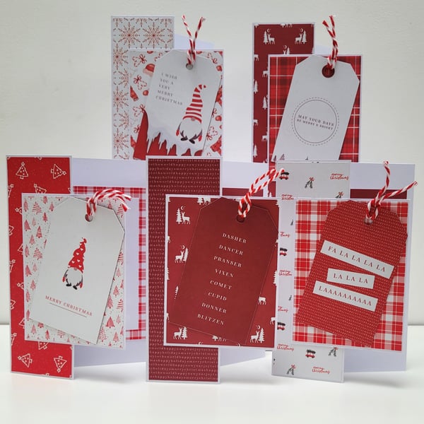 Variety set of 5 red and white Christmas cards with matching gift box