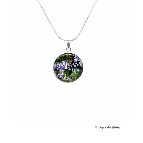 Silver Plated Bluebell Flower Cabochon Necklace
