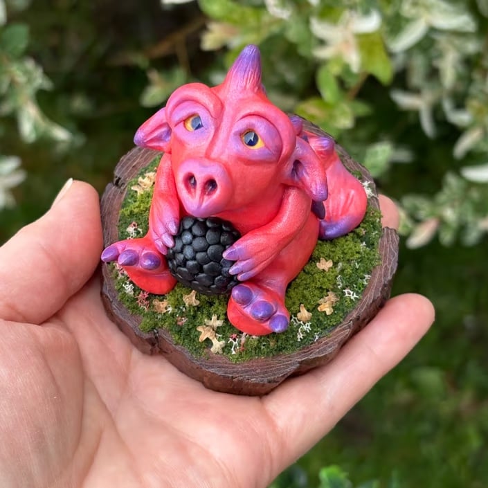 Dragon with blackberry, hand sculpted polymer clay dragon