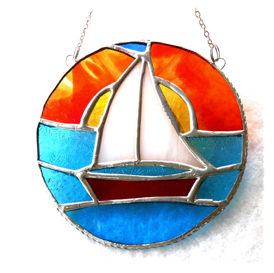 Sailboat Sunset Stained Glass Suncatcher Handmade Ring 030
