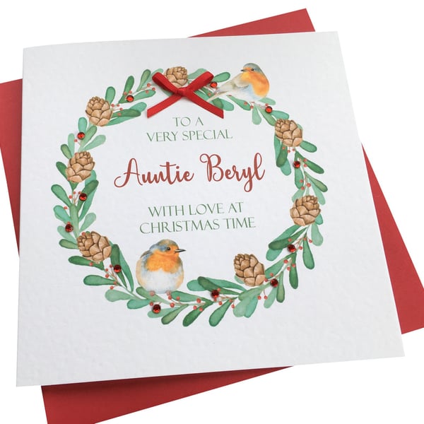 Personalised Handmade Christmas Robin Garland Card ANY WORDING- Daughter-Auntie-