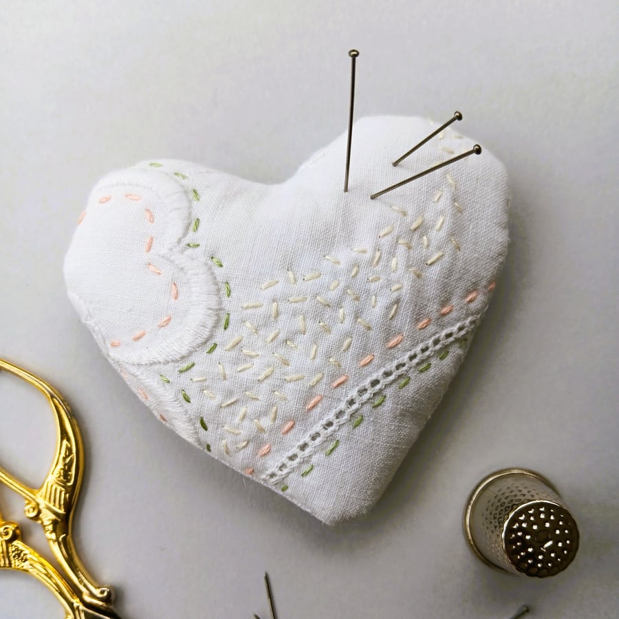 Hand Embroidered Pin Cushion Heart