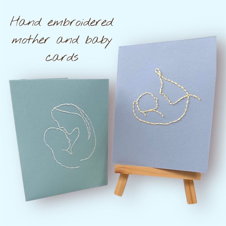 Embroidered mother and new baby blank cards, line art, newborn, christening. 