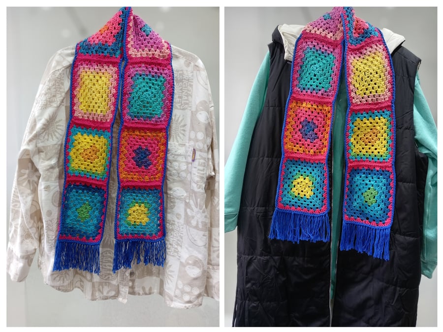 Crochet Granny Square Rainbow Scarf