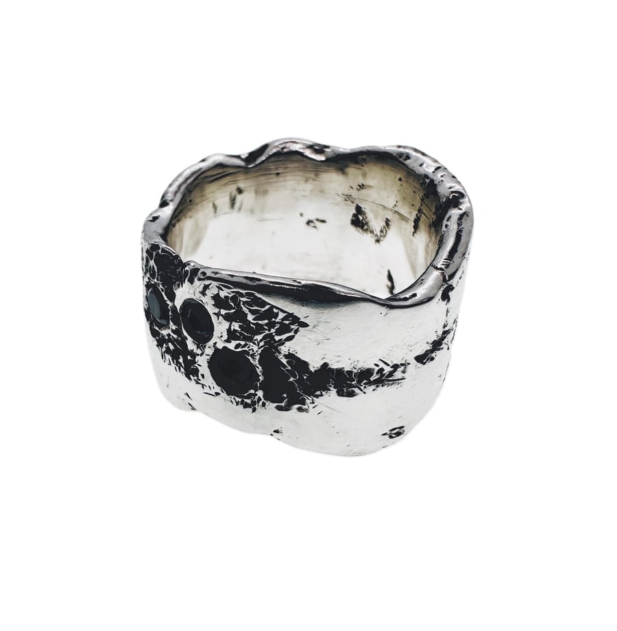 Handmade Sterling Silver Ring - Sandcast Texture and Black Cubic Zirconia Stones