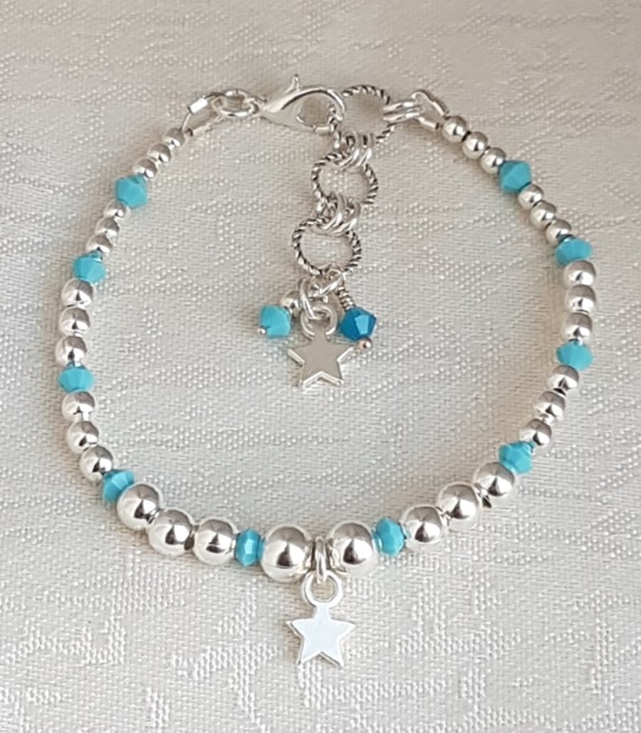 SALE - Gorgeous Silver bead and Turquoise Crystal Bracelet with Star Charm