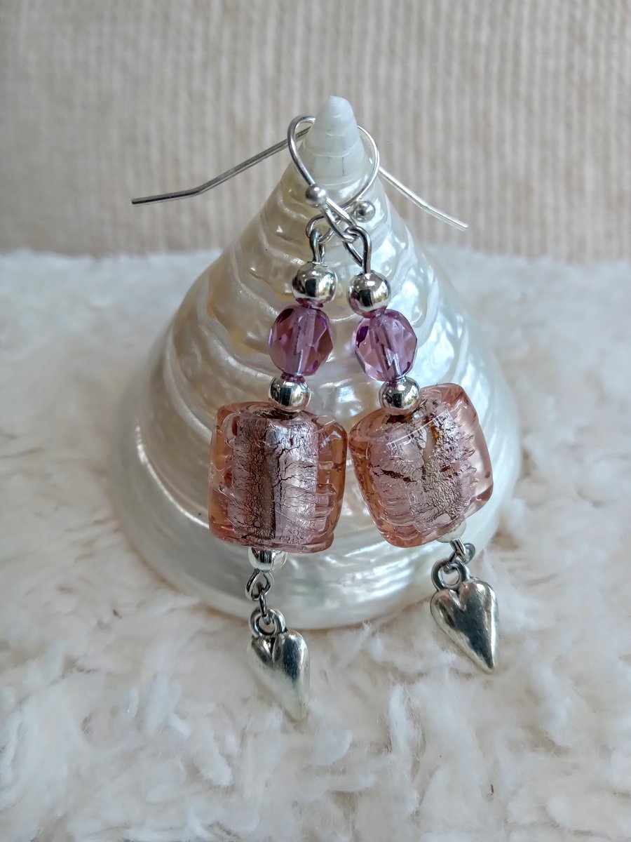 Pale pink foiled Lampwork glass, crystal, folk-style silver HEART charm earrings