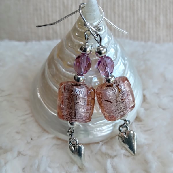 Pale pink foiled Lampwork glass, crystal, folk-style silver HEART charm earrings