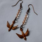 Copper Drop Earrings with Flying Birds and Czech Crystal Beads