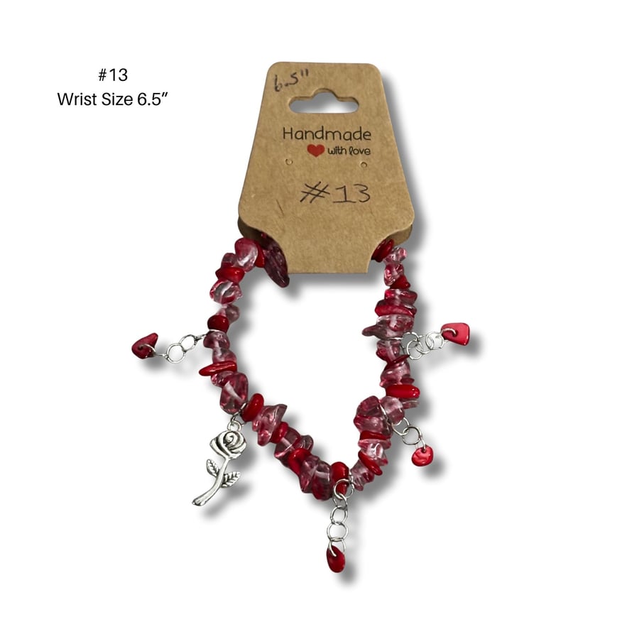 Bracelet 13 – Handmade Valentine Red Chip Bead Bracelet 6.5” Silver Rose Charm 