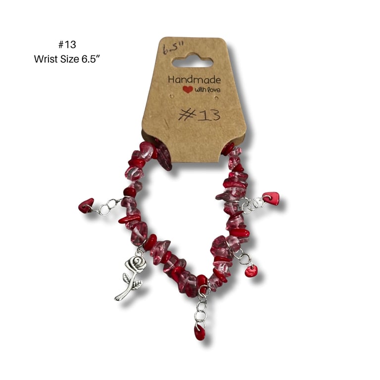 Bracelet 13 – Handmade Valentine Red Chip Bead Bracelet 6.5” Silver Rose Charm 