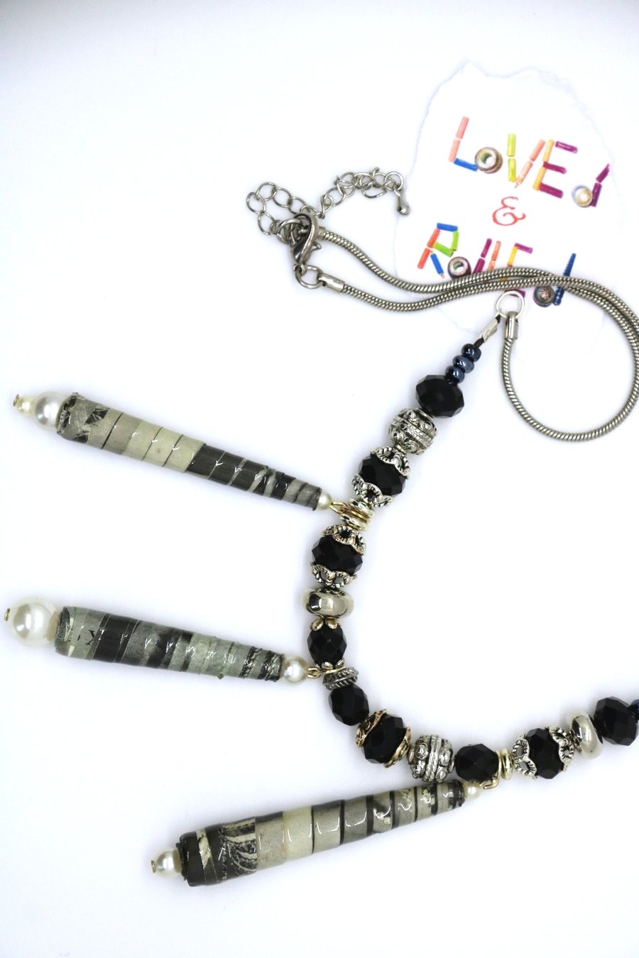 Black and grey paper beads necklace
