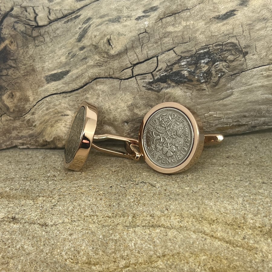 Sixpence rose gold plated Cufflinks, Coin Cufflinks Mens 50th 60th 70th Birthday