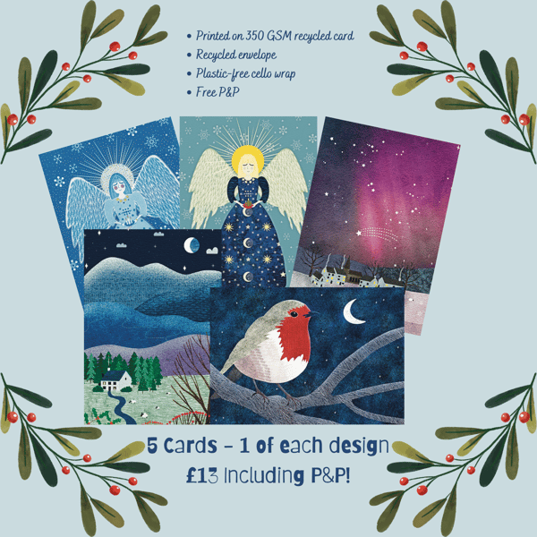 Christmas Card Pack of 5 -A6 - Winter, Angel (x2), Robin, Aurora - Free P&P
