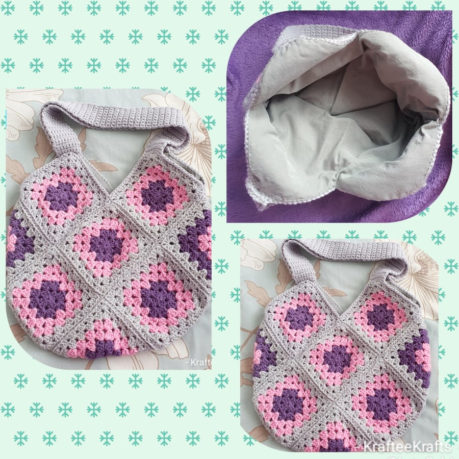 Crochet bag, pink, purple and grey tote bag
