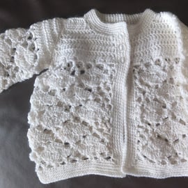 Crochet White Matinee Jacket in Machine Washable Merino Blend wool