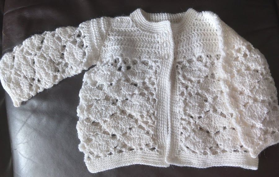 Crochet White Matinee Jacket in Machine Washable Merino Blend wool