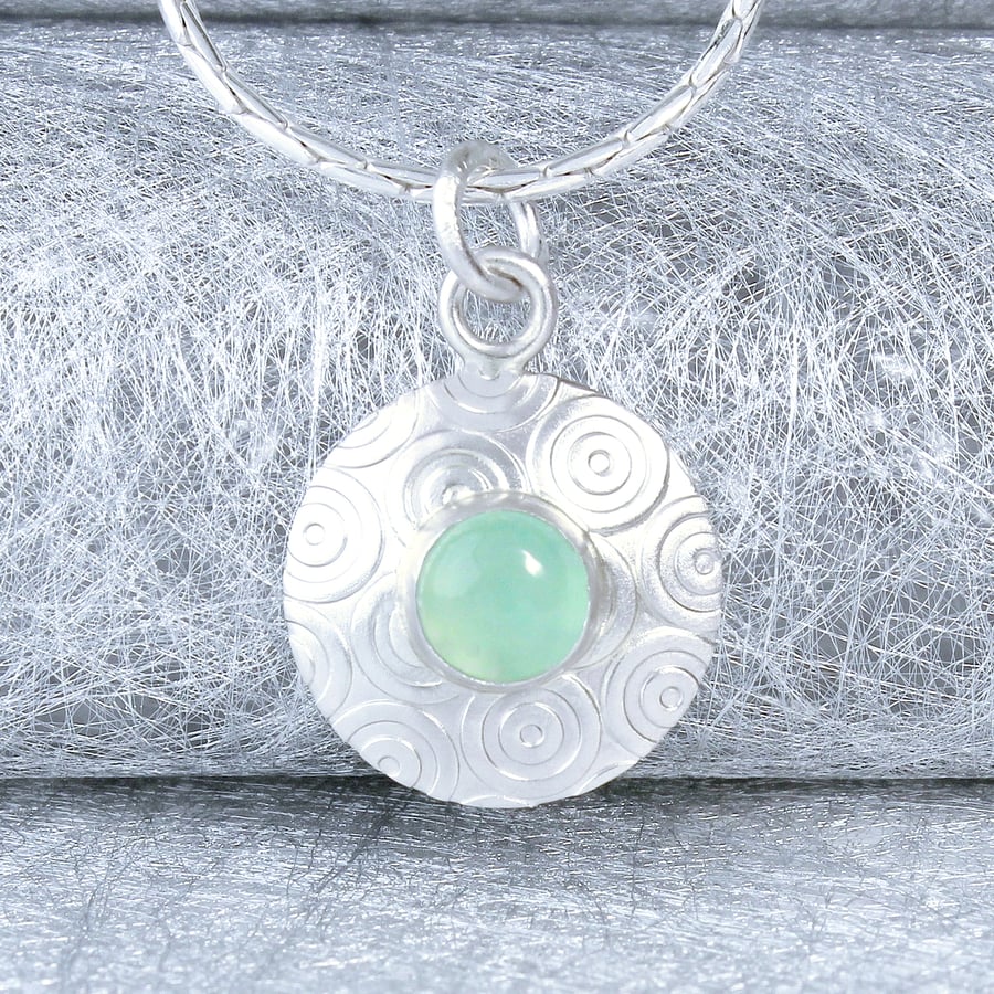 Satin silver pendant handmade from sterling silver, featuring an Aqua Chalcedony