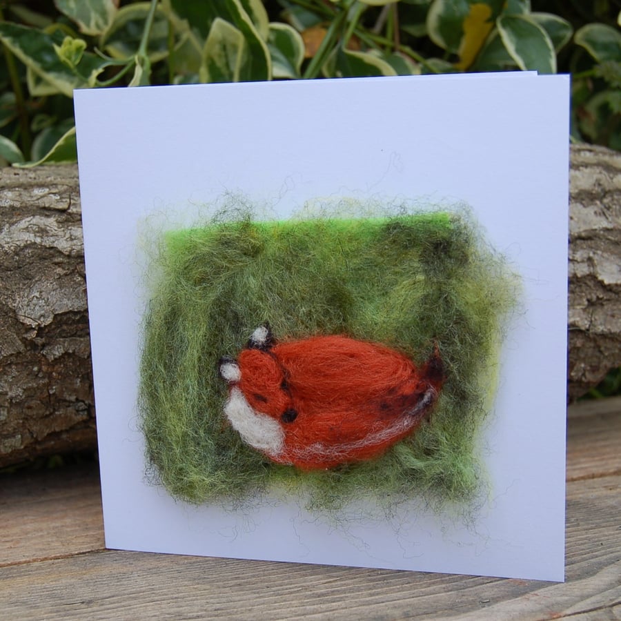 Fox Birthday card. Needle felt Fox Blank greetings card.