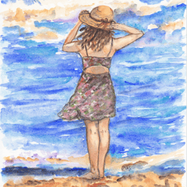 Girl at the Sea original painting. Beach, Sea, Sunshine, Girl